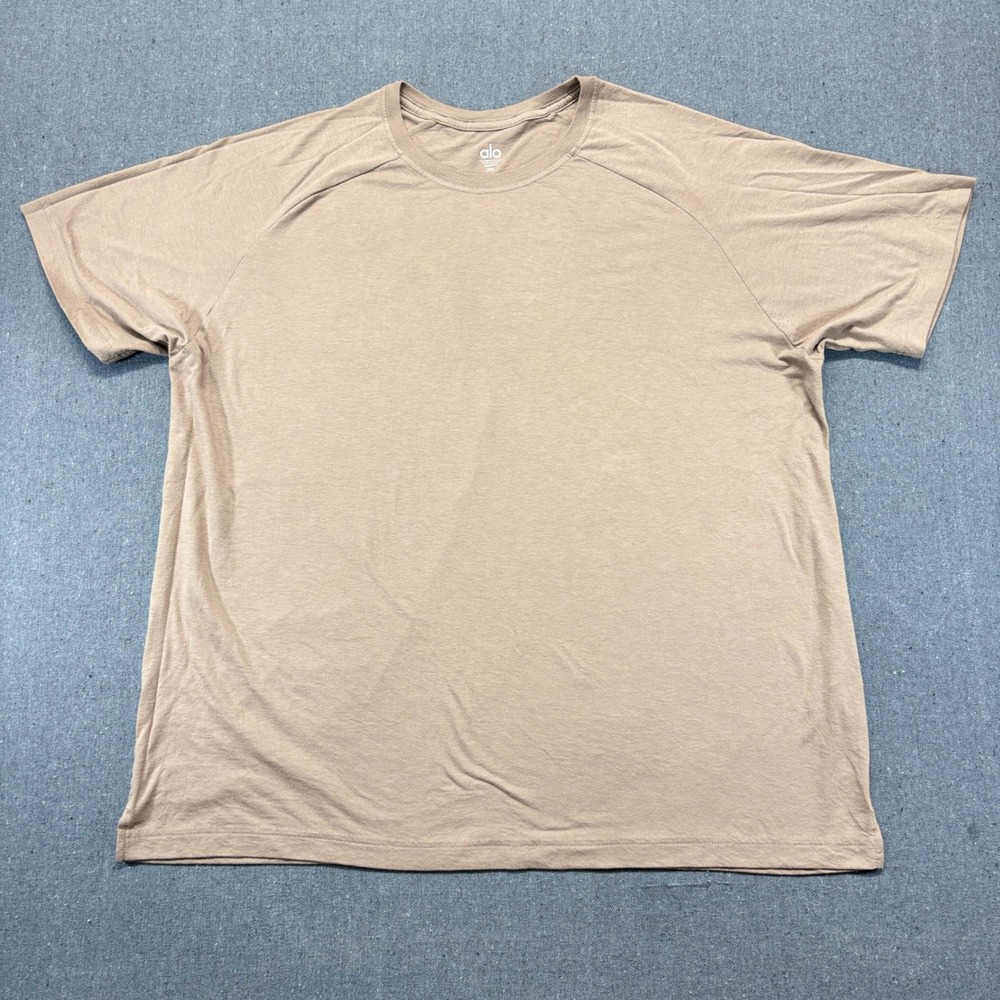 Alo Yoga Mens Amplify Short Sleeve Tee Tan Brown Crew Neck RN Size 2XL